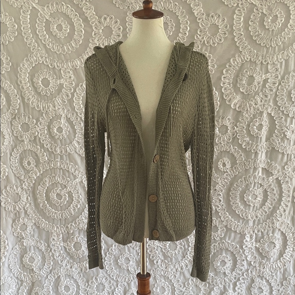 CHARLIE B Olive Green color Hooded Openwork Button up Cardigan